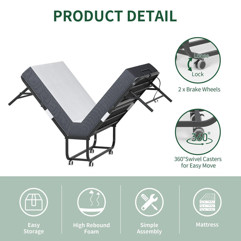 Twin Extra Long Folding Bed For Tall People, Heavy-Duty Rollaway Guest With Memory Foam Mattress - Black by HouseOfZazla
