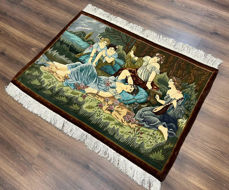 Persian Tabriz Pictorial Rug 5x3, Women Laying By River, Super Fine 60 Raj 480+ KPSI, Hand Knotted Wool Rug, Semi Antique Vintage Oriental Carpet by Jewel Rugs