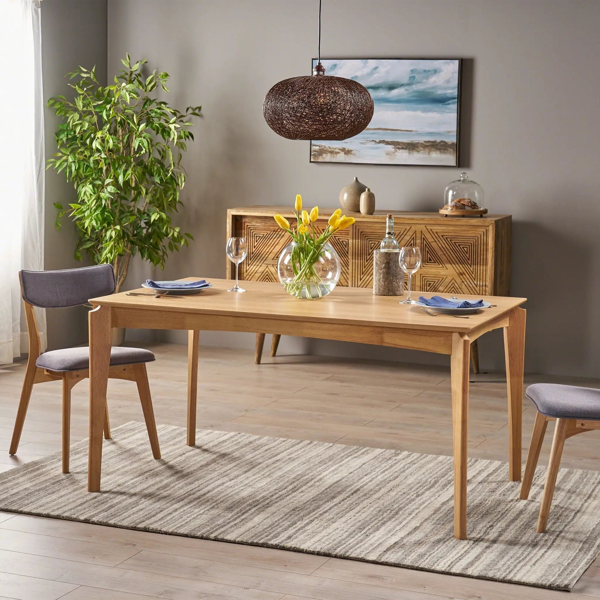 Mid Century Dining Table, Rubberwood With Walnut Veneer - Natural Oak by HouseOfZazla