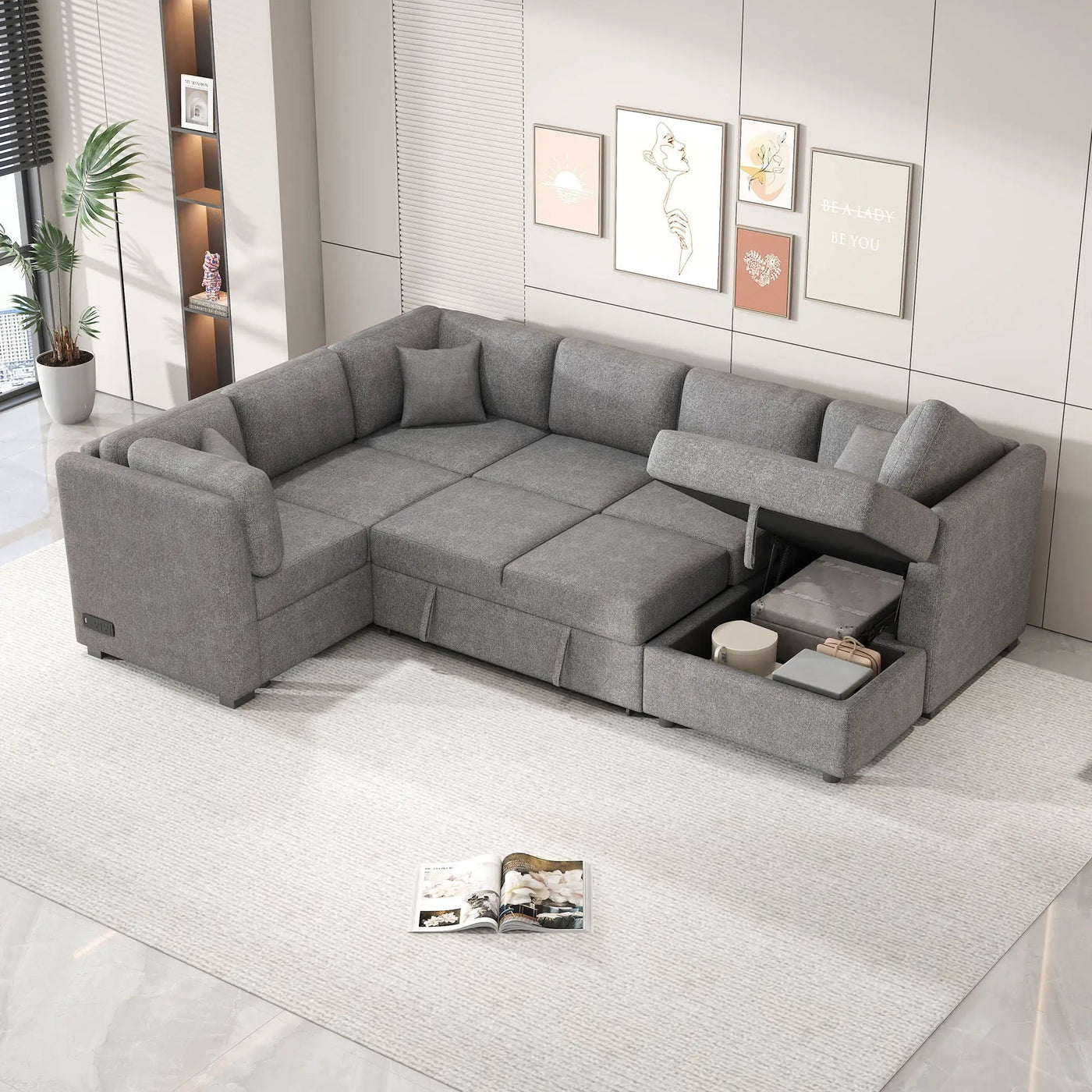 U-Shaped Sectional Sofa Pull Out Sofa Bed With Two USB Ports, Two Power Sockets, Three Back Pillows And A Storage Chaise For Living Room by Unique Piece Furniture