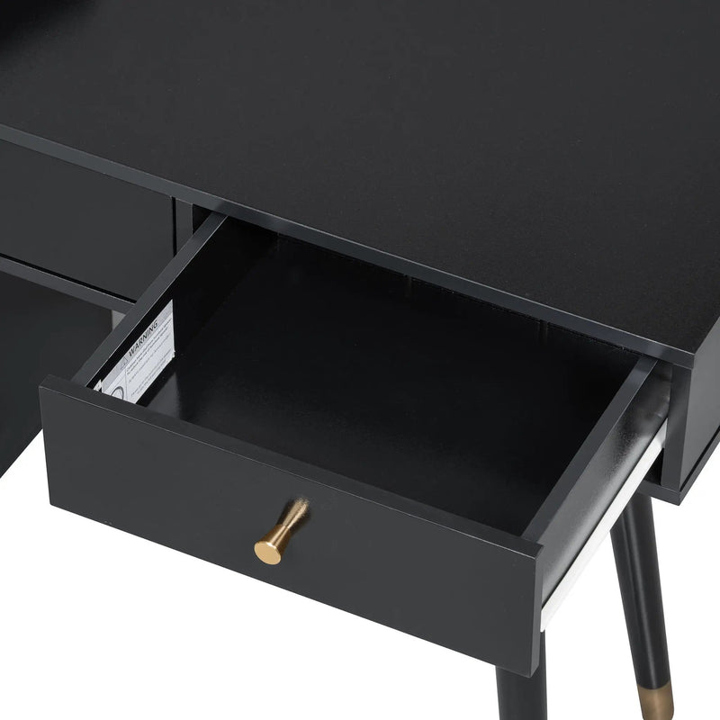 Modern Makeup Vanity Desk With Drawers Cabinet & Charging Port Engineered Wood Space Saving Design For Small Places - Black by HouseOfZazla