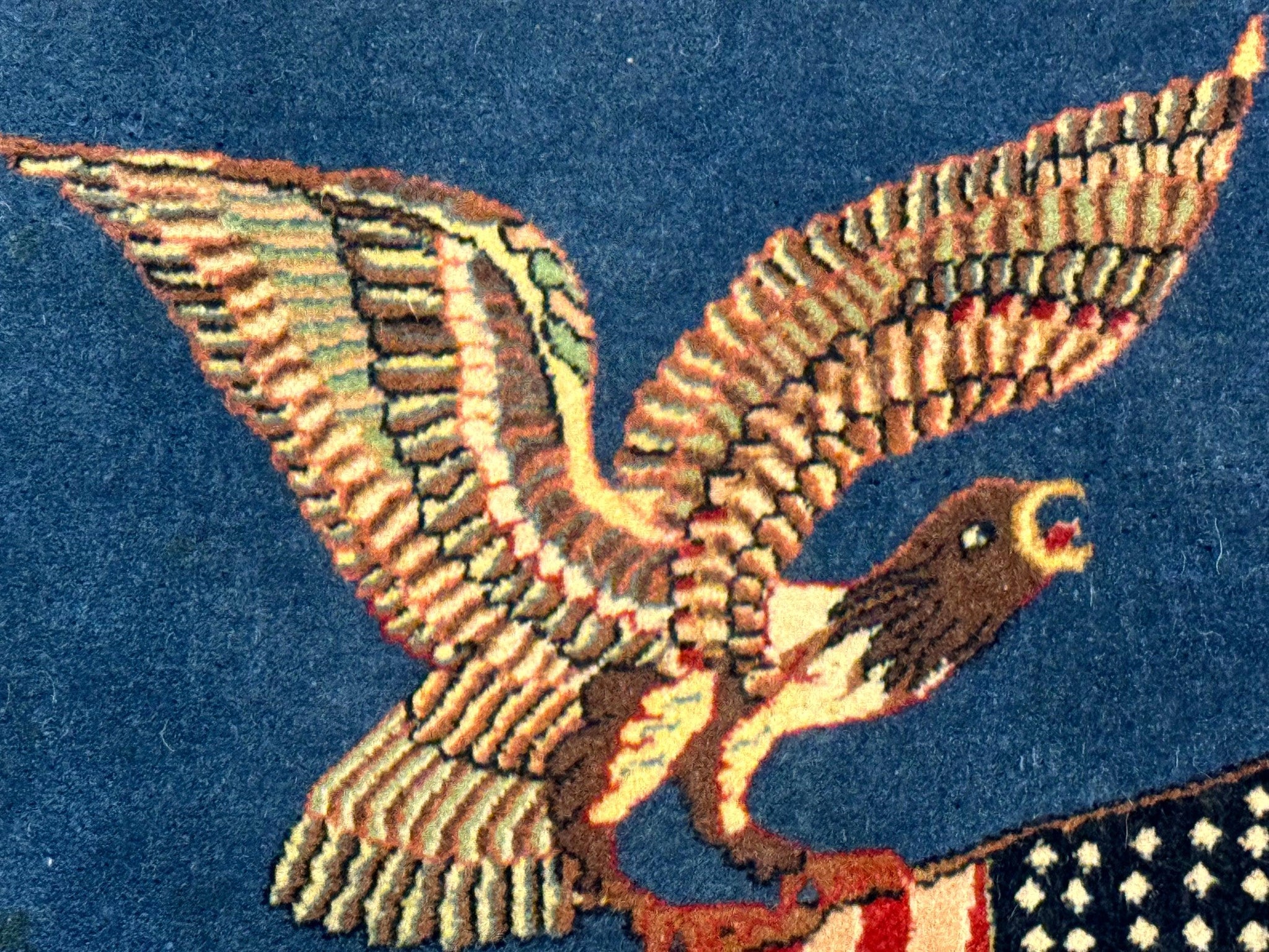 Pictorial Rug of American Flag with Bald Eagle, Small Indo Persian Pictorial Rug, Blue, Handmade, Very Fine 330 KPSI by Jewel Rugs