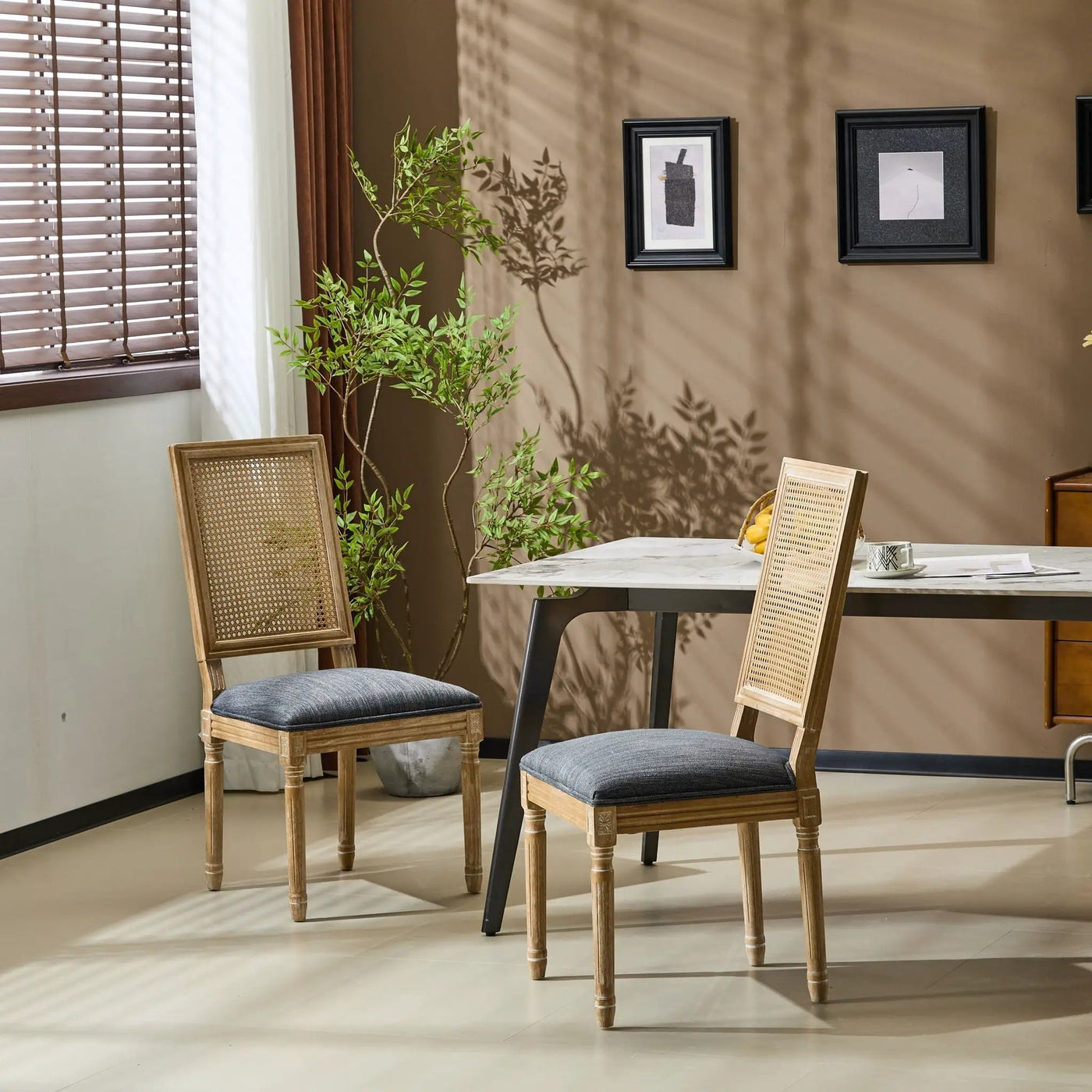 French Country Dining Chair With Rectangular Cane Backrest And Smooth Upholstered Seating by HouseOfZazla