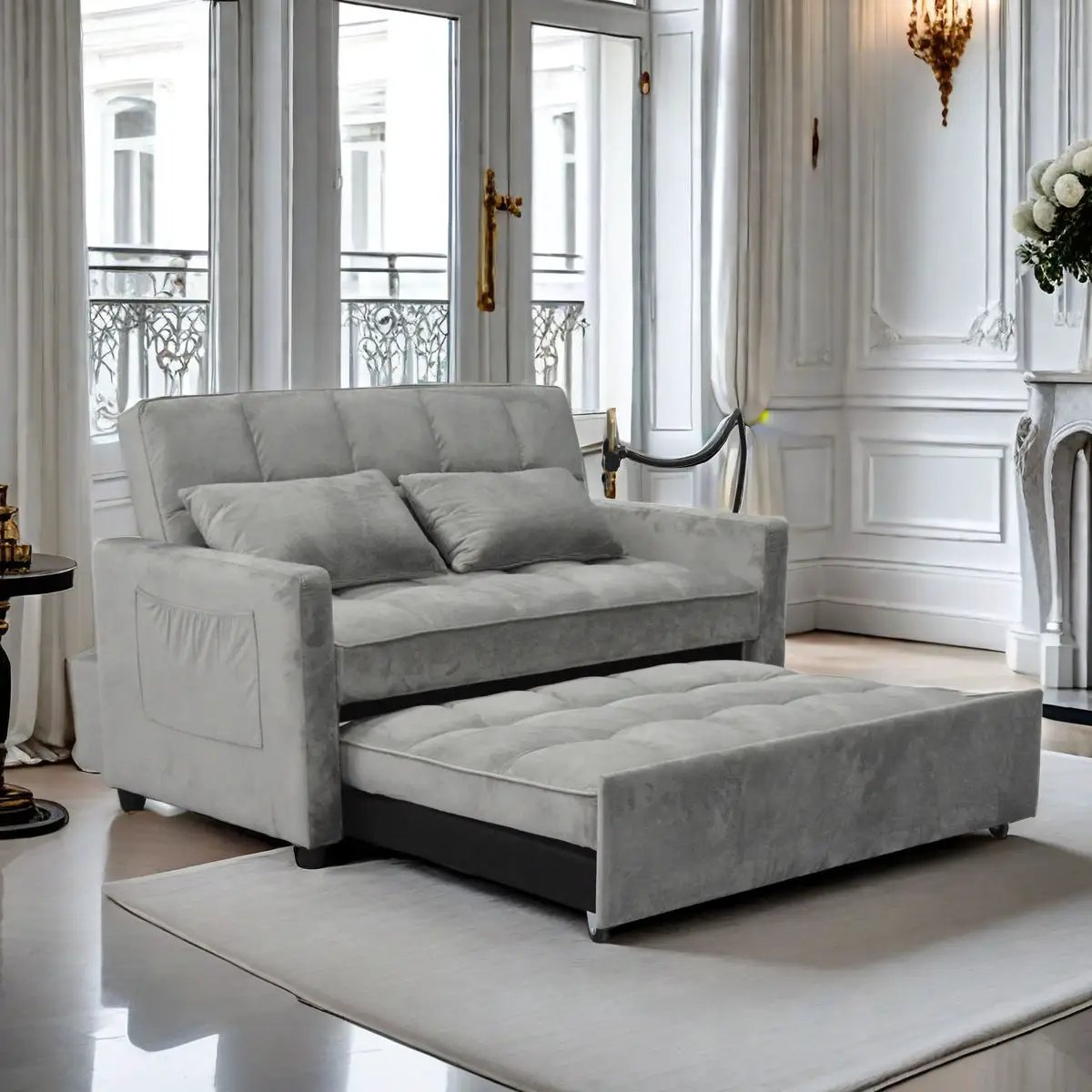 3 In 1 Convertible Sleeper Sofa Bed, Modern Fabric Futon Sofa Couch Pullout Bed, Adjustable Backrest With Three USB Ports, Two Side Pockets, Two Cup Holders And Swivel Phone Holder by Unique Piece Furniture