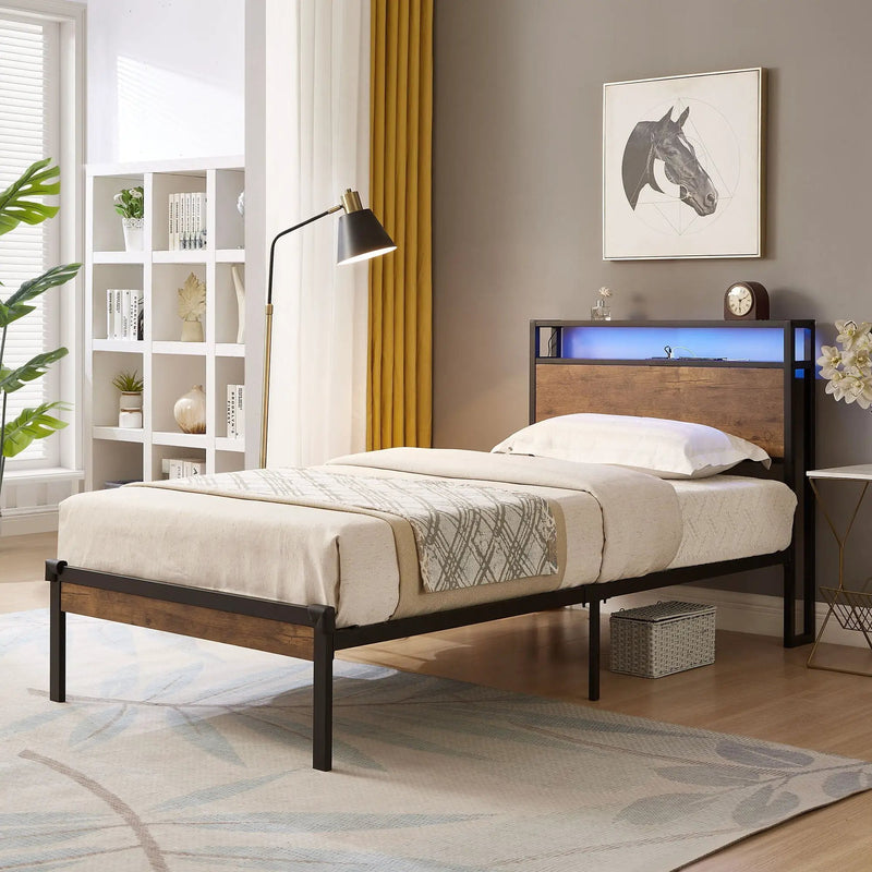 Twin Size Platform Bed Frame, LED Lights With Remote Control, USB Charging Port, Large Under Bed Storage - Black / Brown by HouseOfZazla