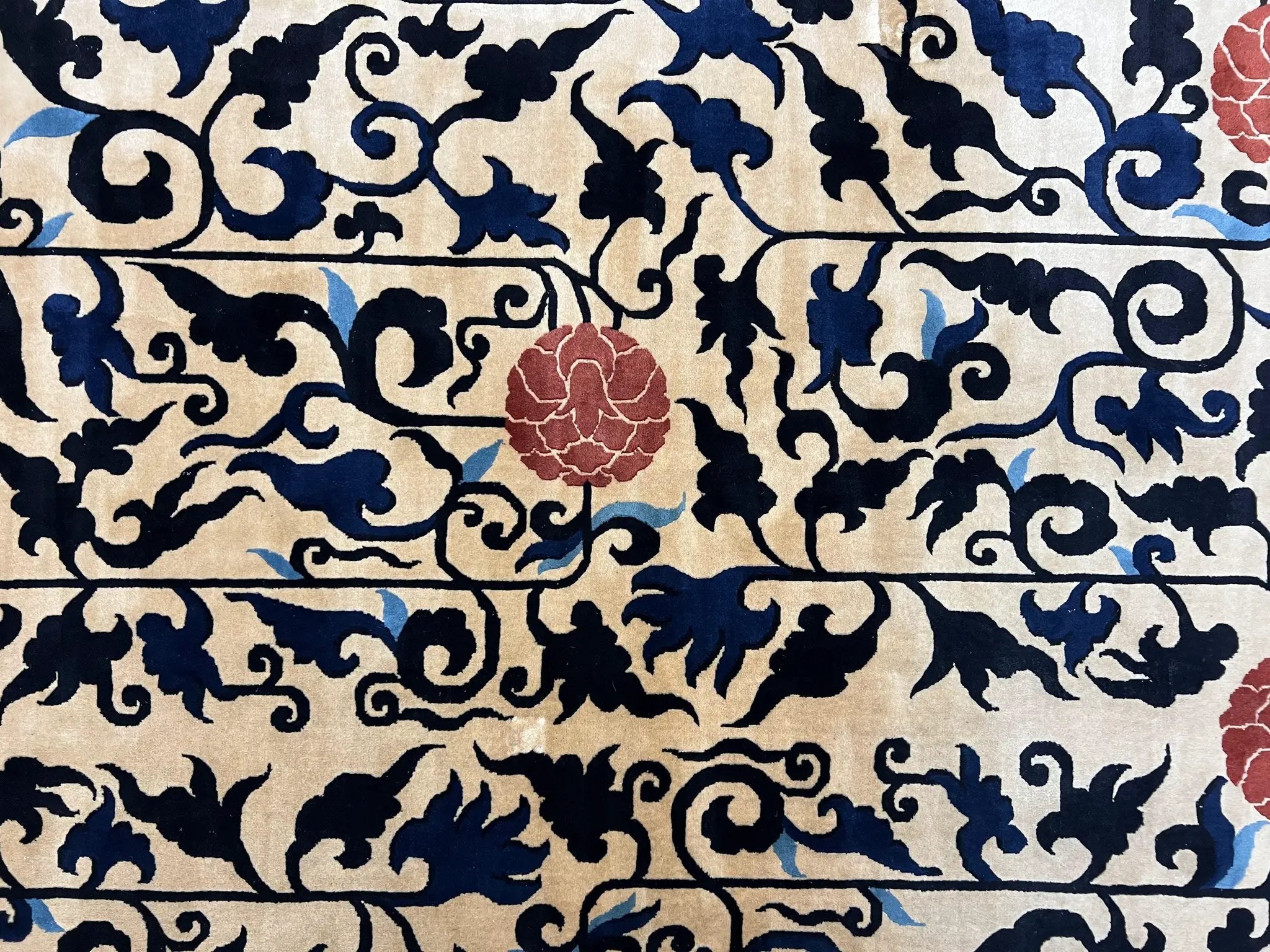 Antique Chinese Peking Rug 10x14, Beige Black, Handmade Wool Art Deco Carpet by Jewel Rugs