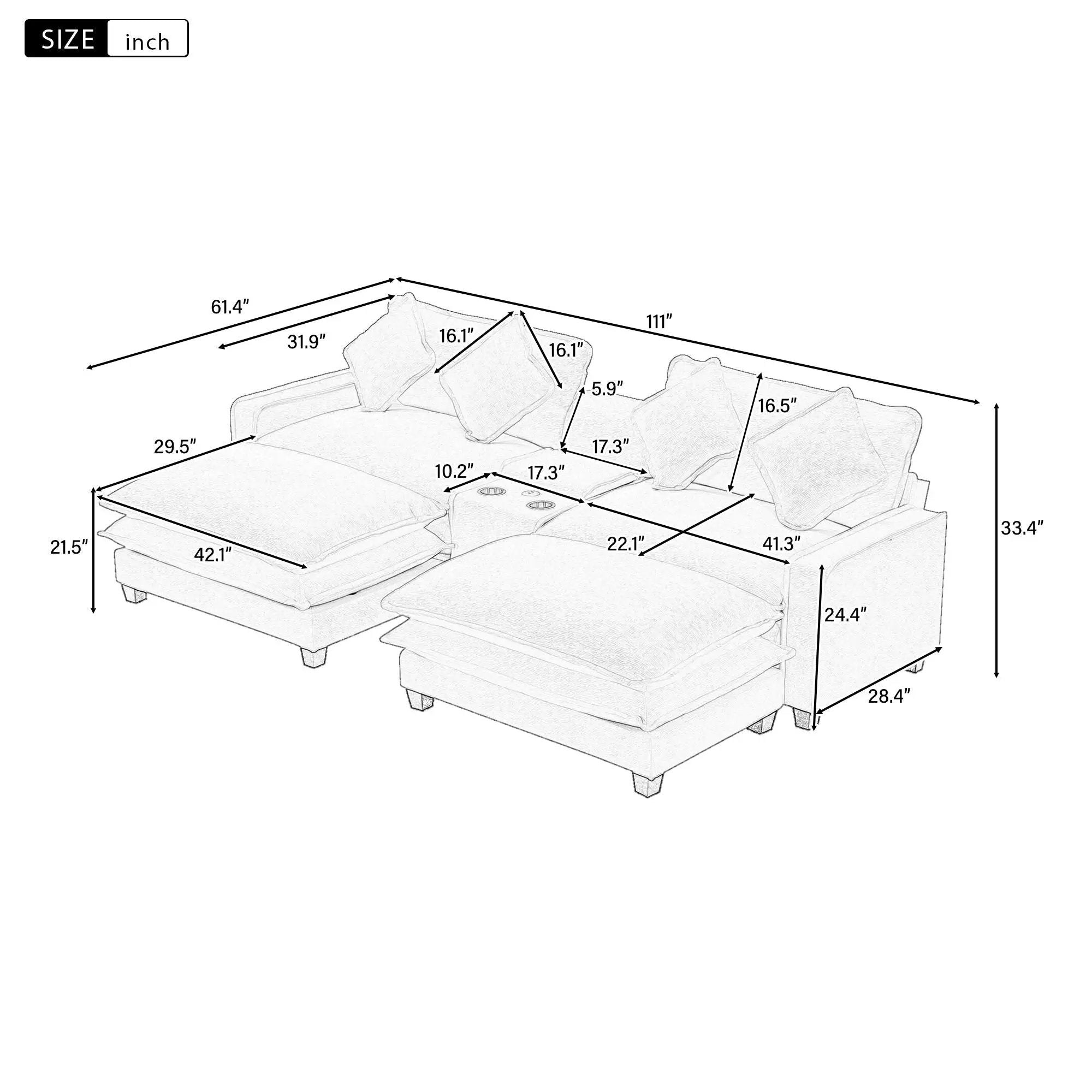 Sectional Sofa With Removable Ottomans, USB Ports, Cup Holders & Storage - Gray / Light Blue by HouseOfZazla