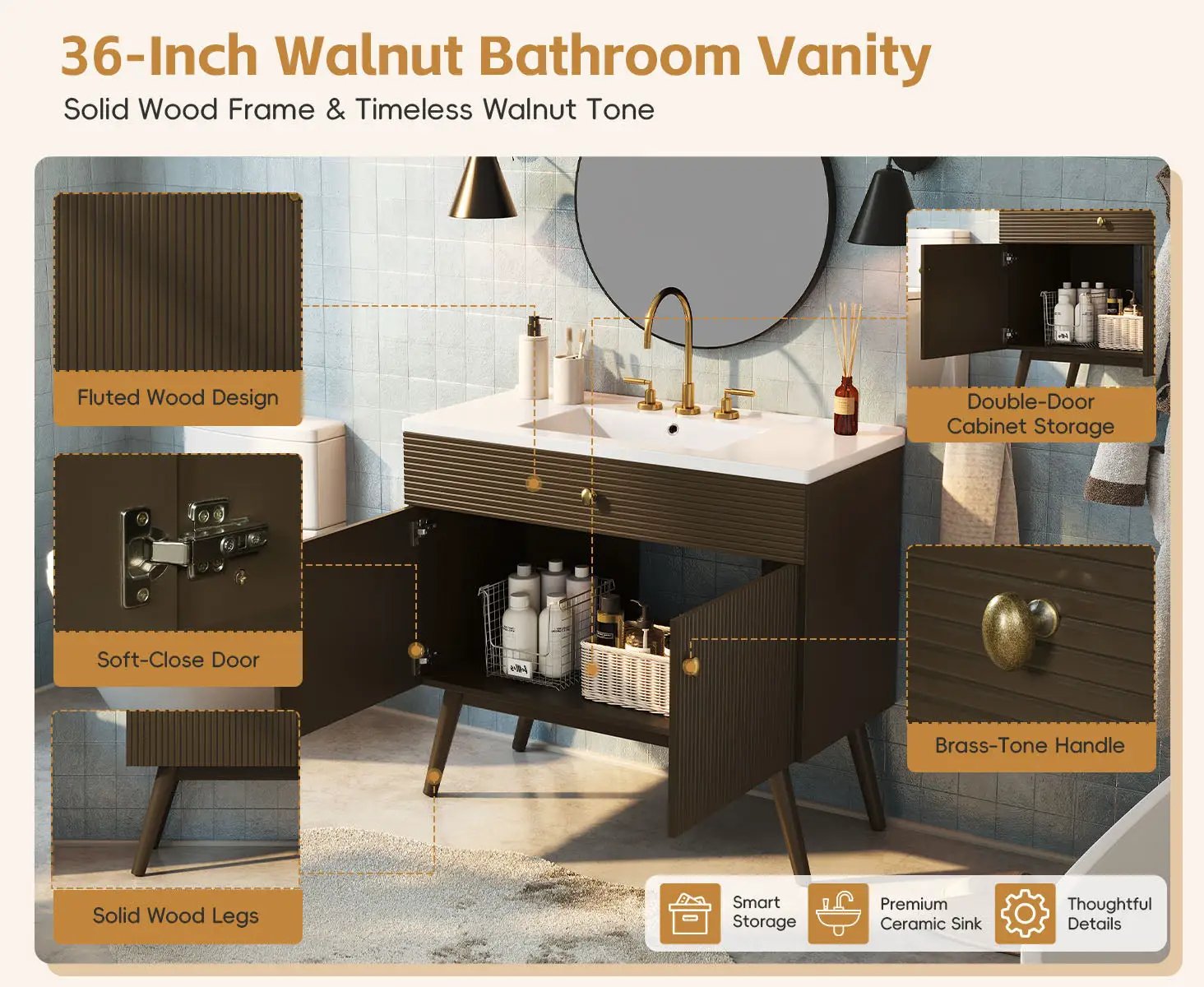 36" Luxury Striped Bathroom Vanity, Soft-Close Dual-Door Storage & Premium Ceramic Sink by HouseOfZazla