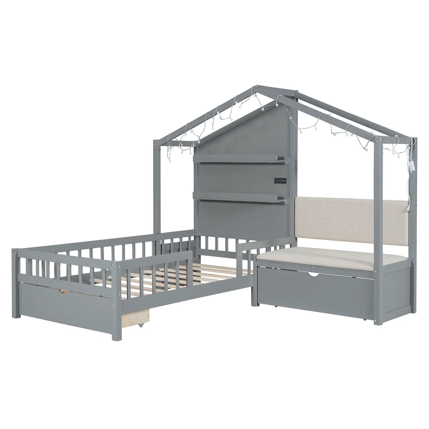 House Bed With Upholstered Sofa, Wireless Charging Station, Shelves And 2 Drawers by Unique Piece Furniture