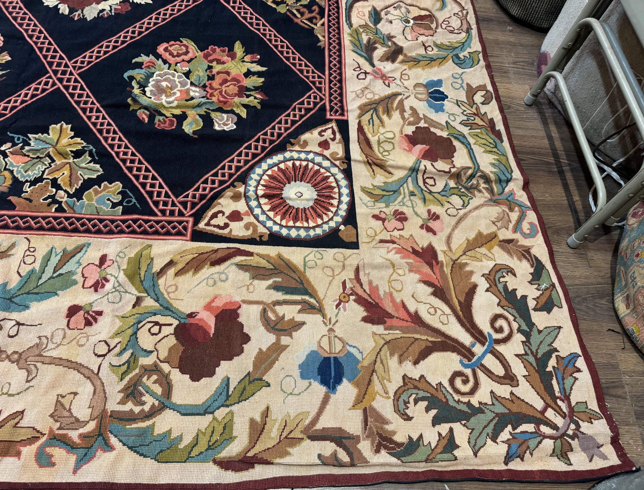 Palace Size Needlepoint Rug 12x20, European French English Aubusson Floral Design, Black and Beige by Jewel Rugs