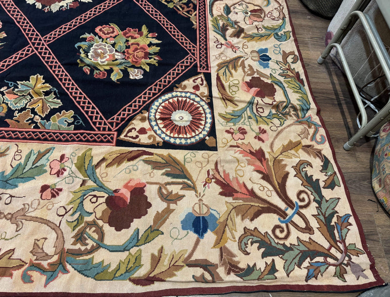 Palace Size Needlepoint Rug 12x20, European French English Aubusson Floral Design, Black and Beige by Jewel Rugs
