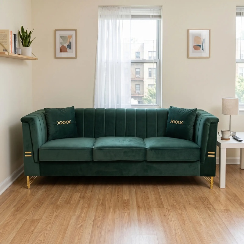 FX-P82-GR3 82.67" Modern Velvet 3-Seater Chesterfield Sofa with 2 Pillows by HouseOfZazla
