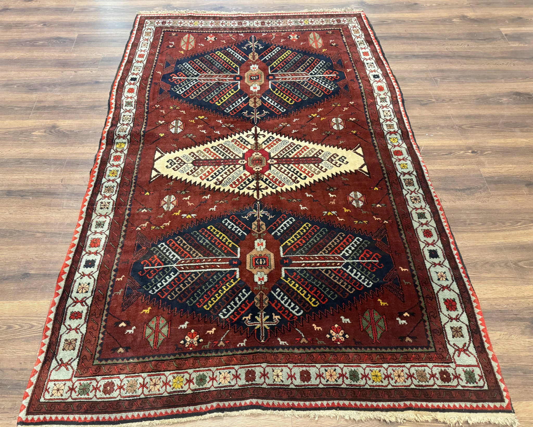 Antique Persian Tribal Rug 5 x 7.8, Triple Medallions, Red, Persian Afshar Rug by Jewel Rugs
