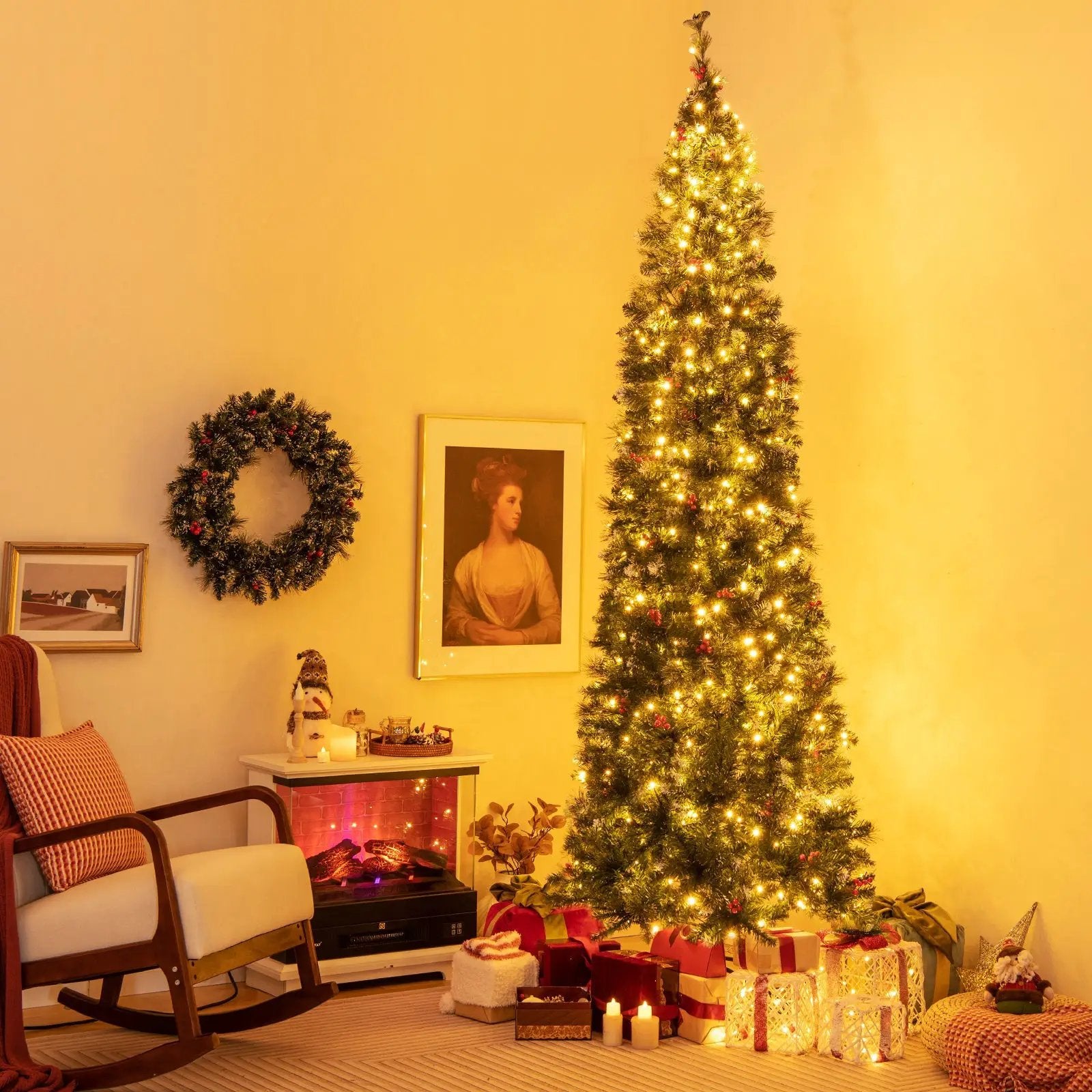 5/6/7/8/9 FT Pre-Lit Artificial Hinged Slim Pencil Christmas Tree by DirectDeals