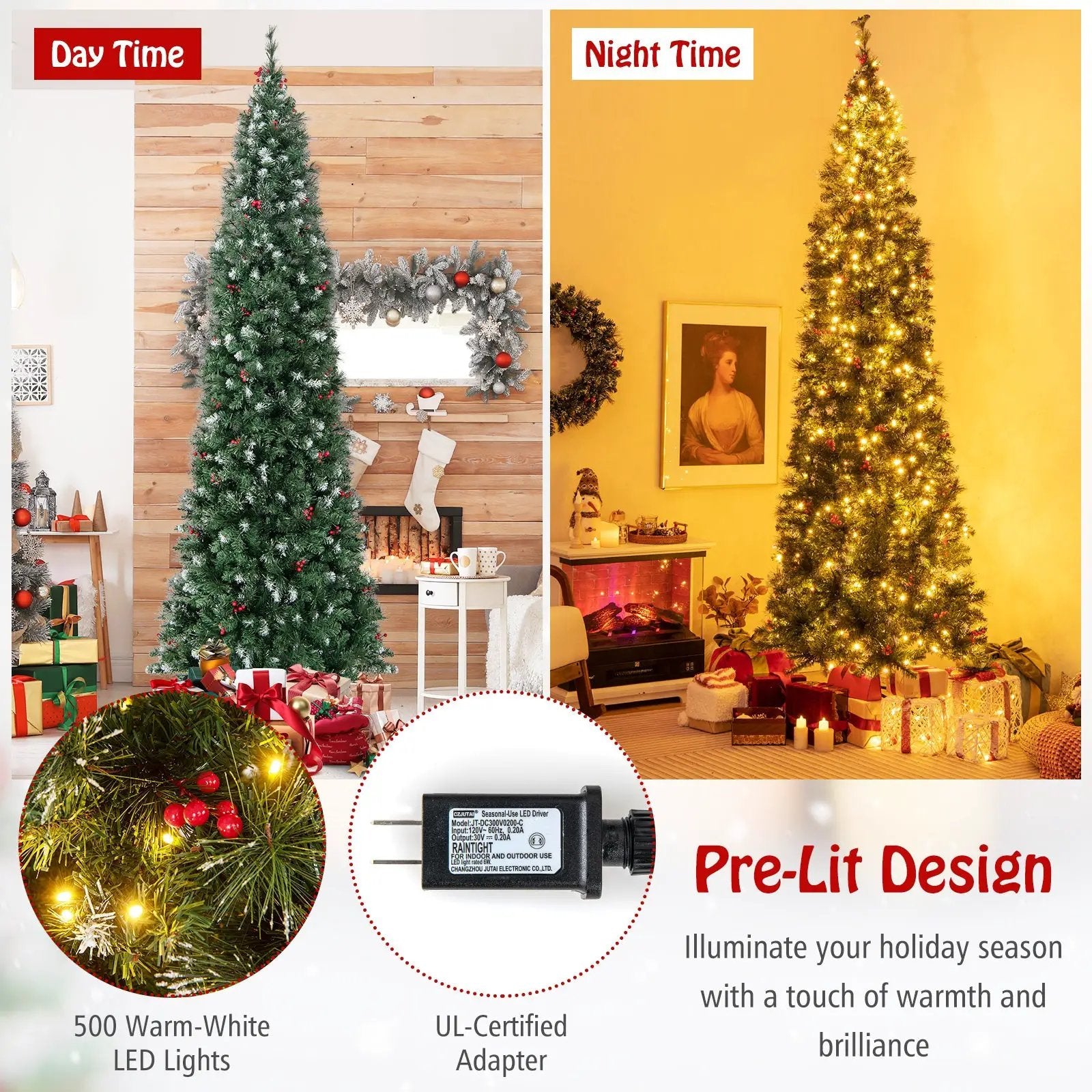 5/6/7/8/9 FT Pre-Lit Artificial Hinged Slim Pencil Christmas Tree by DirectDeals