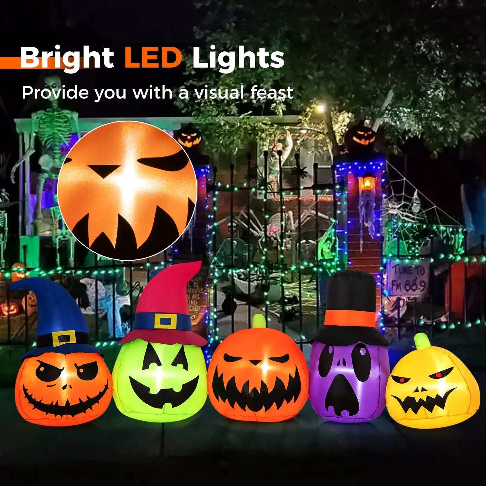 9 Feet Inflatable Pumpkin Patch Family with Built-in LED Lights and Witch Hats by DirectDeals