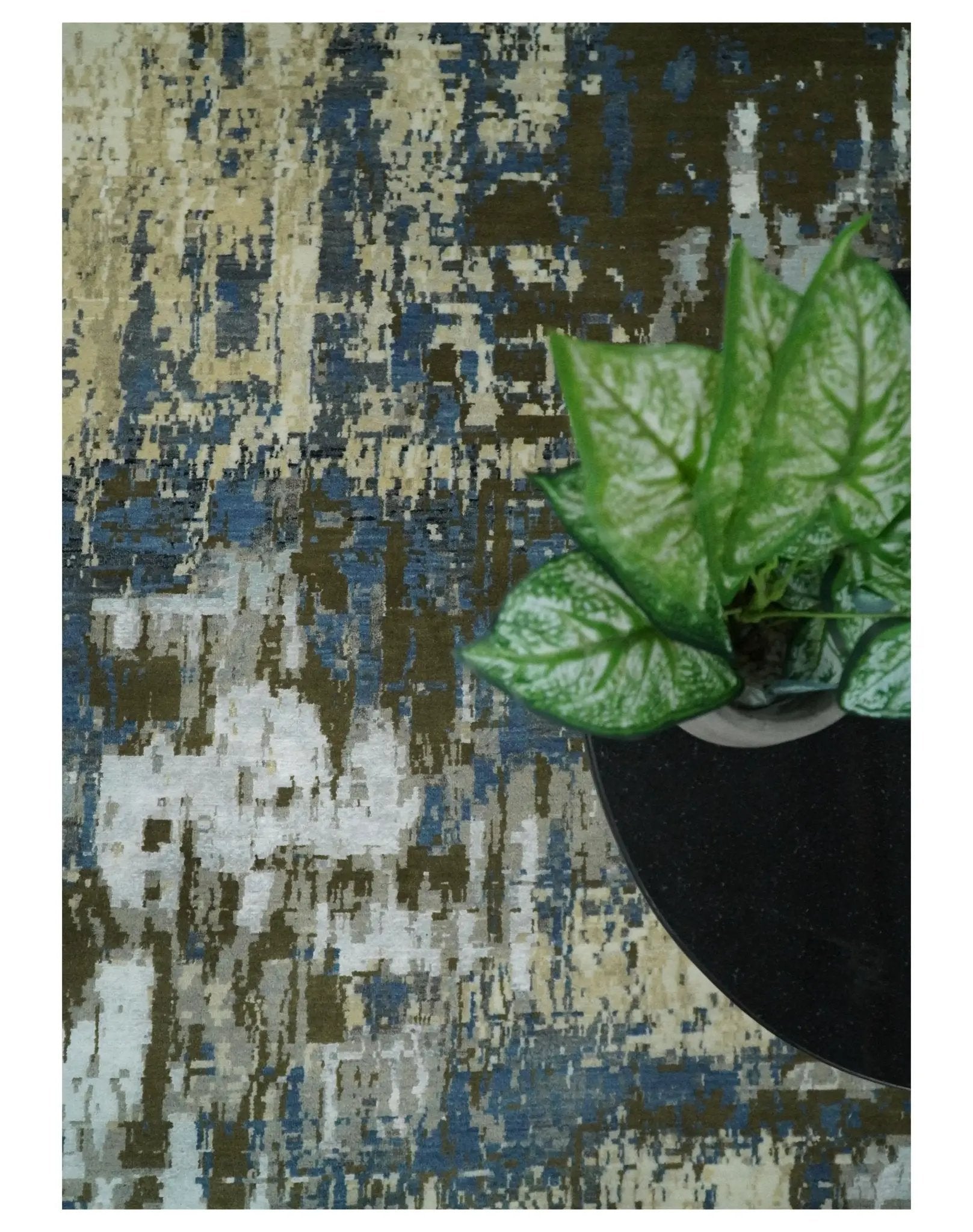 9x12 Fine Hand Knotted Beige and Blue Modern Abstract Wool and Silk Area Rug by The Rug Decor