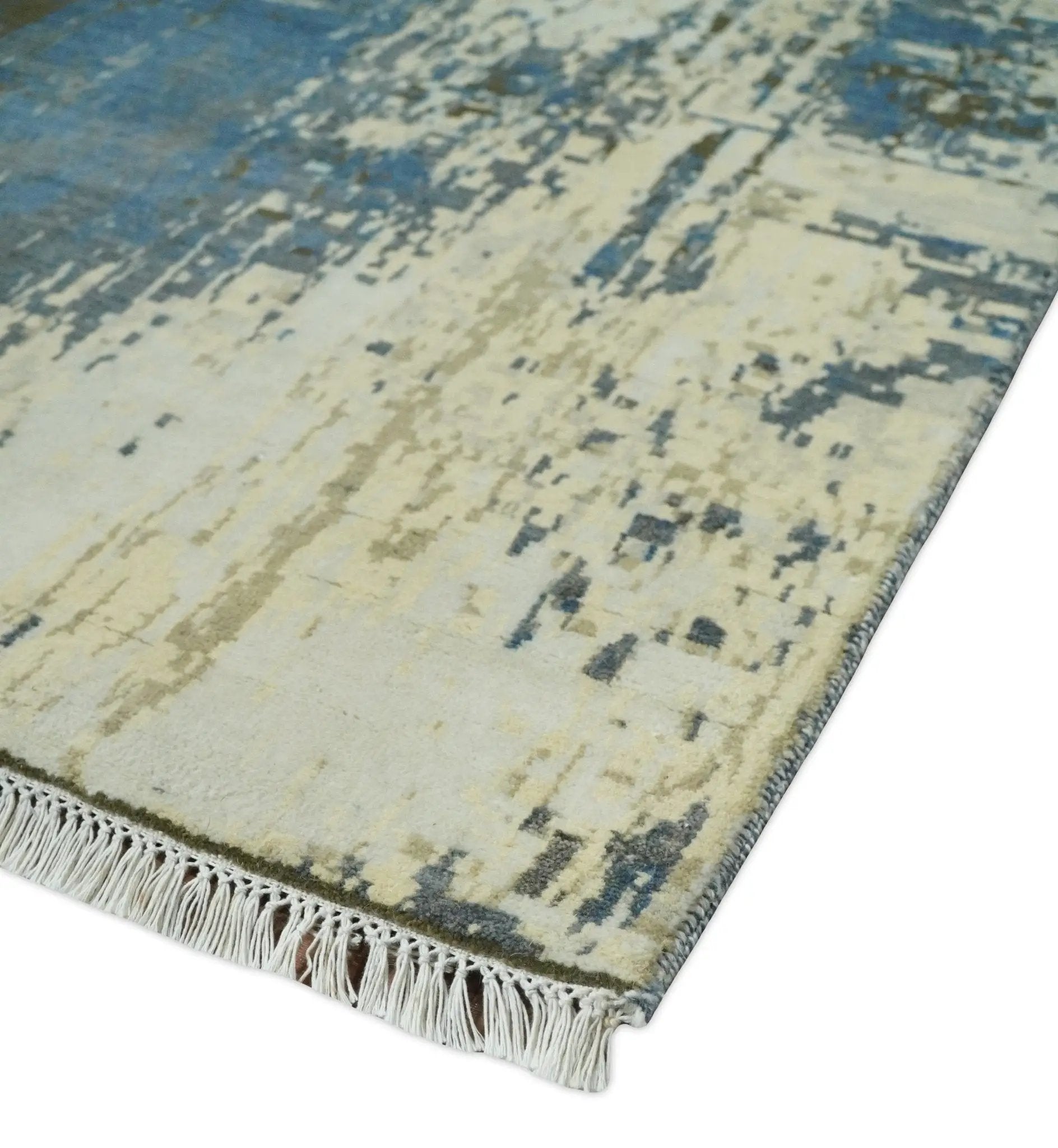 9x12 Fine Hand Knotted Beige and Blue Modern Abstract Wool and Silk Area Rug by The Rug Decor