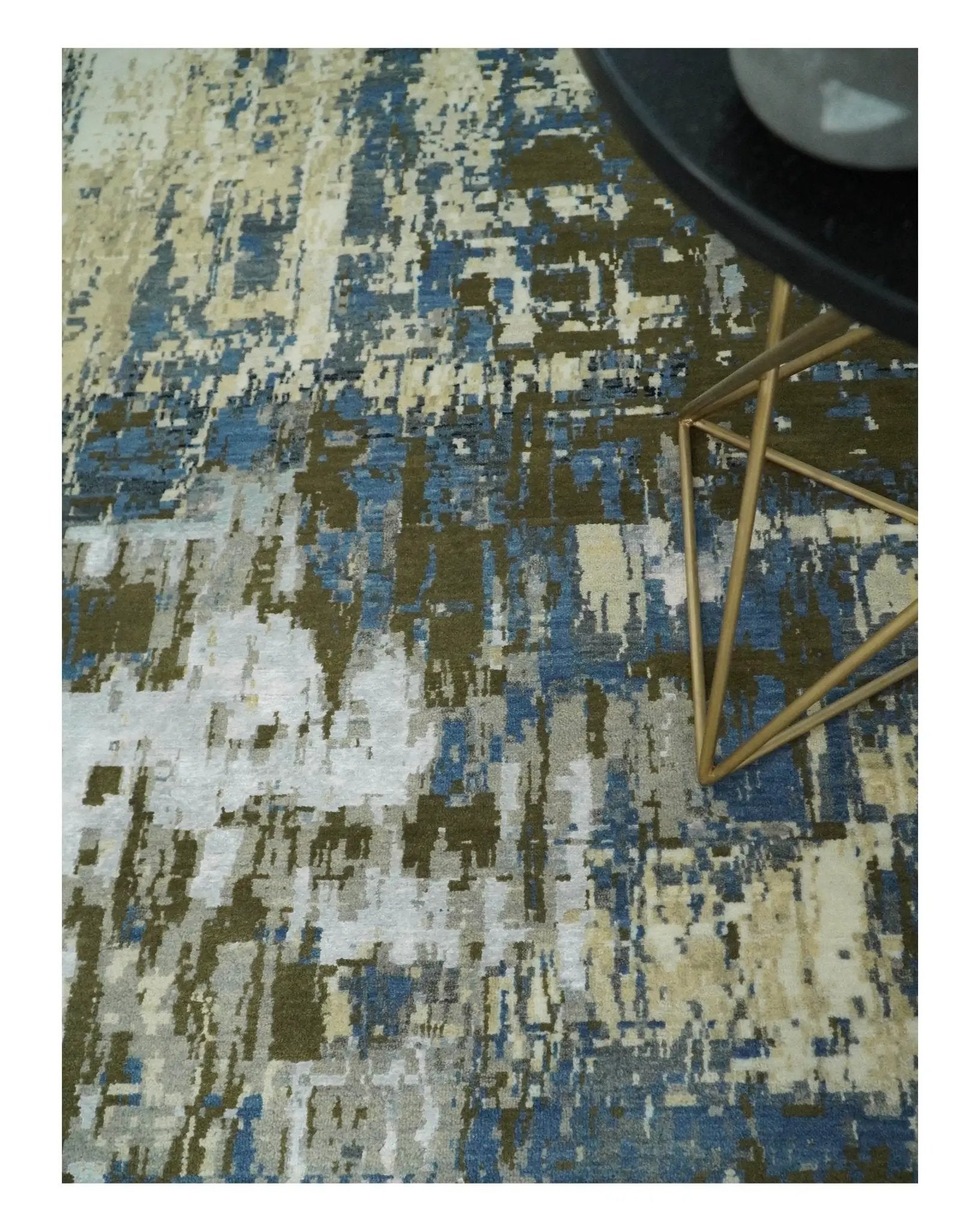 9x12 Fine Hand Knotted Beige and Blue Modern Abstract Wool and Silk Area Rug by The Rug Decor