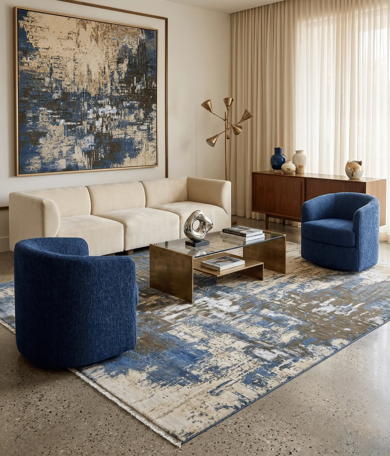 9x12 Fine Hand Knotted Beige and Blue Modern Abstract Wool and Silk Area Rug by The Rug Decor