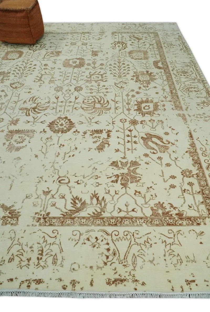 9x12 Fine Hand Knotted Beige and Brown Traditional Vintage Style Wool and Silk Rug by The Rug Decor
