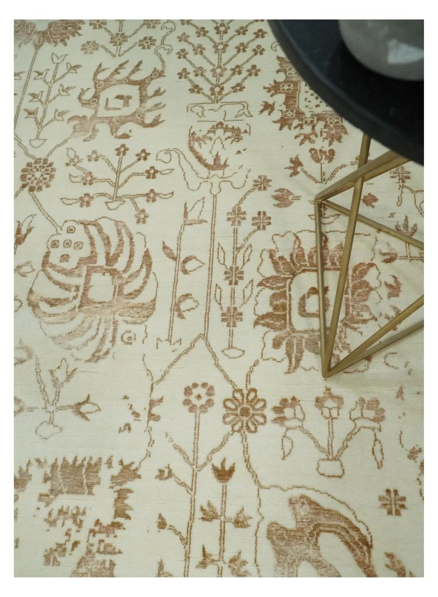 9x12 Fine Hand Knotted Beige and Brown Traditional Vintage Style Wool and Silk Rug by The Rug Decor