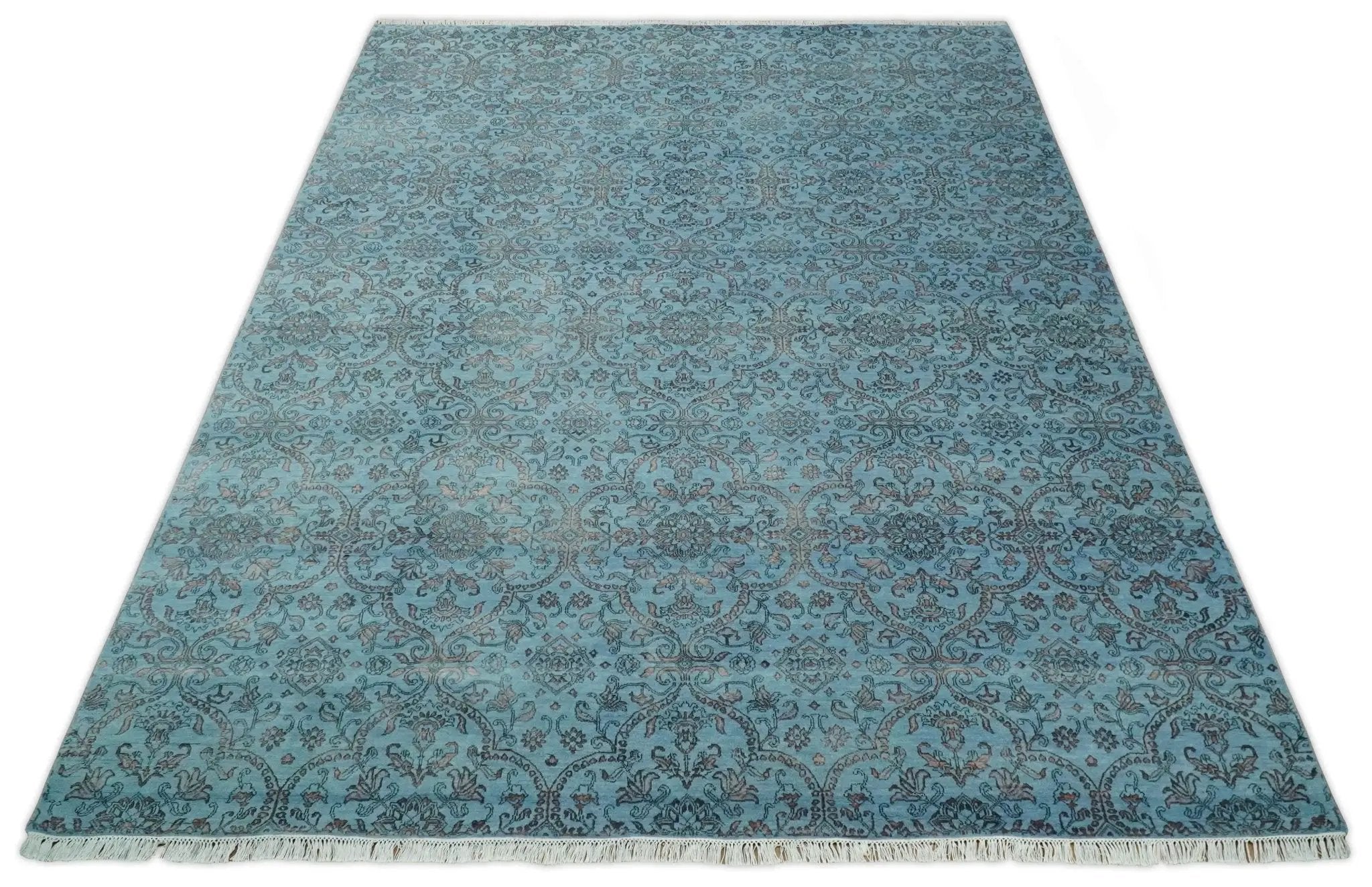 9x12 Fine Hand Knotted Blue and Brown Traditional Persian Wool and Silk Area Rug by The Rug Decor