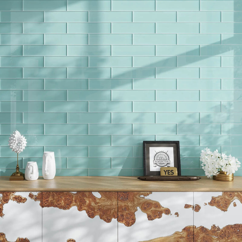 Sky Blue 4x16 Glossy Subway Glass Tile (12 pack, 5.33 sq ft/case) by Apollo Tile