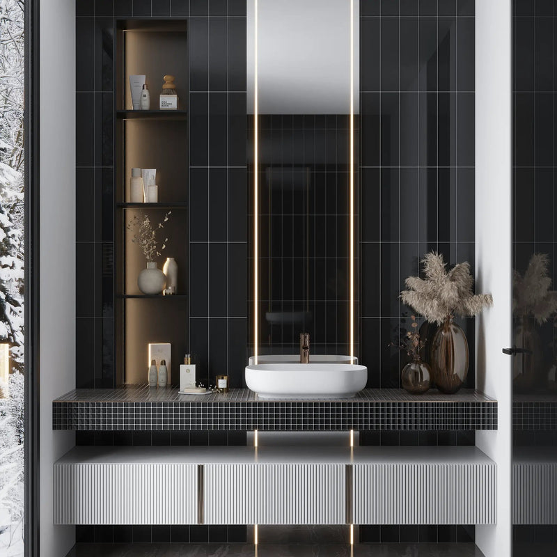 Black 4x16 Glossy Subway Glass Tile (12 pack, 5.33 sq ft/case) by Apollo Tile
