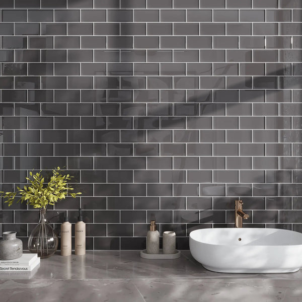 Ash Gray 3x6 Glossy Subway Glass Tile (40 pack, 5 sq ft/case)