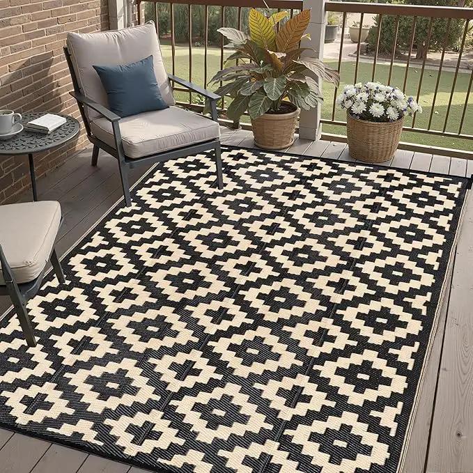 Outdoor Plastic Straw Rug, Waterproof Mat, Washable Large Floor Mat and Rug for Outdoors, RV, Beach, Patio, Camping, Backyard, Deck, Picnic, Indoor Outside (6x9ft,Geometry/Black&Beige) by GreenHaven Gardens