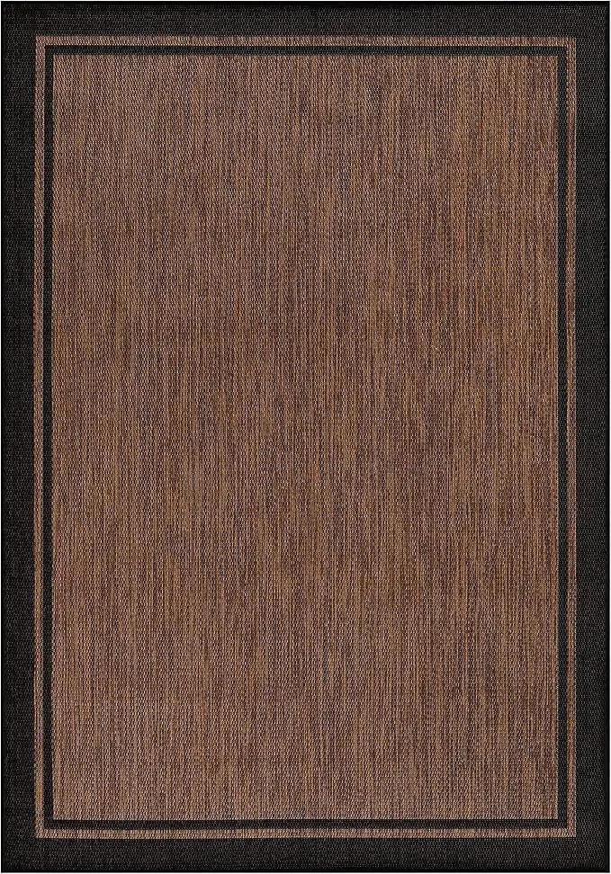 CAMILSON Indoor Outdoor Rug, 9x12 Bordered Nut Brown Black Modern Area Rugs for Indoor and Outdoor Patios, Kitchen and Hallway Mats, Washable Porch Deck Outside Carpet (Border Nut Brown Black, 9 x 12) by GreenHaven Gardens