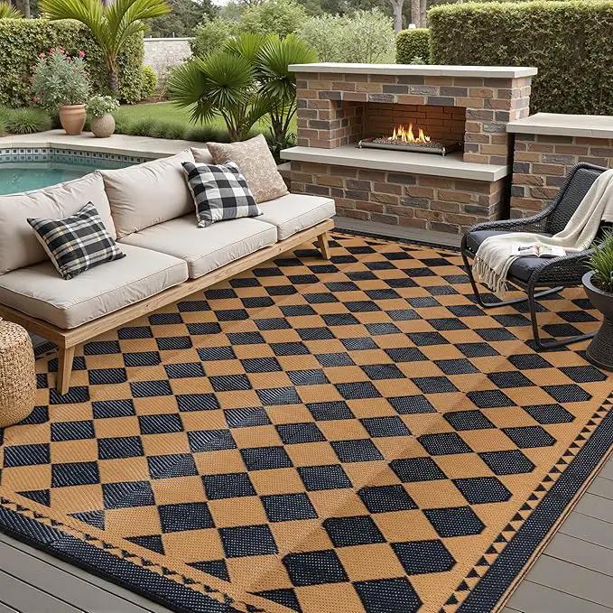 Outdoor Waterproof Rug 8'x10' Plastic Straw Rugs Washable Reversible Floor Mat Brown Plaid Carpet for Camping RV Deck Entryance Porch Picnic Balcony Beach Backyard by GreenHaven Gardens