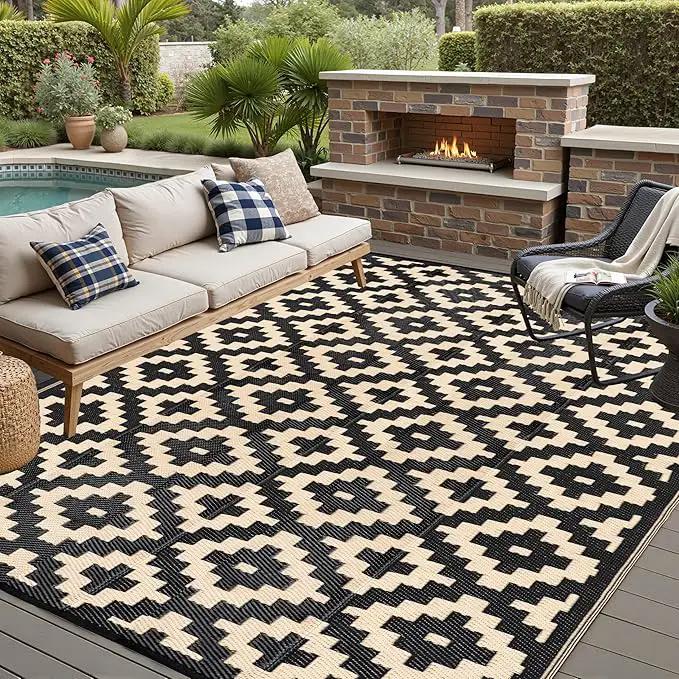 Outdoor Plastic Straw Rug, Waterproof Mat, Washable Large Floor Mat and Rug for Outdoors, RV, Beach, Patio, Camping, Backyard, Deck, Picnic, Indoor Outside (8x10ft,Geometry/Black&Beige) by GreenHaven Gardens
