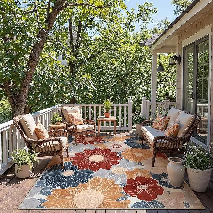GENIMO Indoor Outdoor Area Rug 8' X 10' Waterproof, Washable Patio Rug Non Shedding, Easy Cleaning Floral Outdoor Carpet for Living Room, Bedroom, Dining Room, Balcony, Backyard, Deck, RV, Red Blue by GreenHaven Gardens