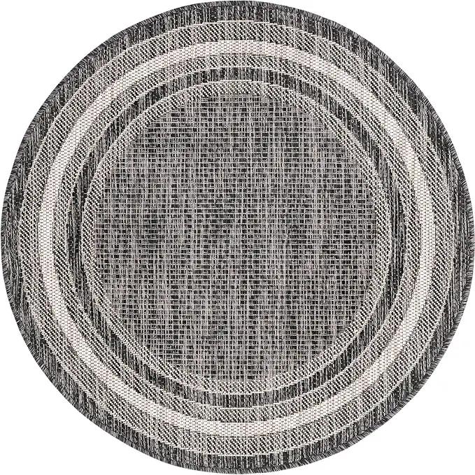 Unique Loom Outdoor Border Collection Area Rug - Soft Border (3' 1" Round, Black/ Ivory) by GreenHaven Gardens