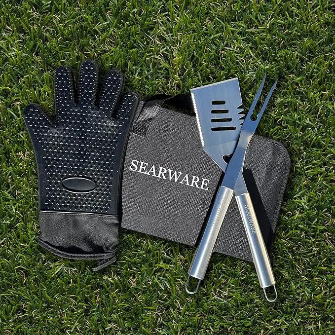 Barbecue Grill Tool Set - Stainless Steel - Strong Durable Design - Heat Resistant Glove & Bristle Free Grill Brush - Thermometer, Meat Injector, & Corn Skewers - Perfect For Smokers & Grills by GreenHaven Gardens