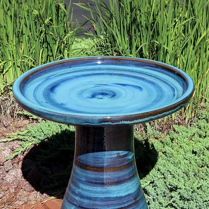 Sunnydaze 21" H Ceramic Bird Bath for Outside - Hand-Painted Outdoor Bird Bath Bowl, UV/Frost-Resistant Finish - Galaxy Blue - Classic Pedestal by GreenHaven Gardens