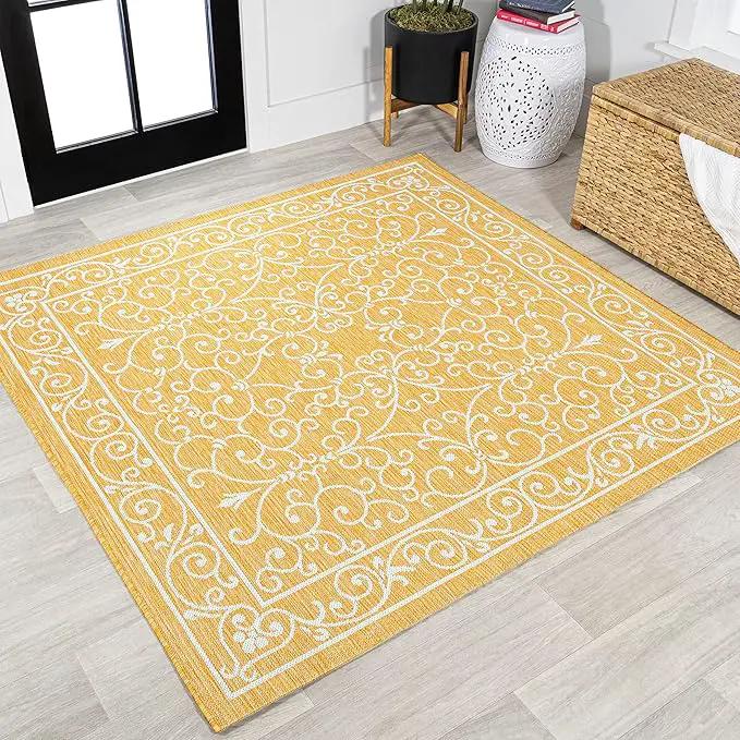 JONATHAN Y SMB106L-5SQ Charleston Vintage Filigree Textured Weave Indoor Outdoor Area Rug, Classic Traditional Transitional Easy Cleaning,Bedroom,Kitchen,Backyard,Patio, Yellow/Cream, 5' Square by GreenHaven Gardens