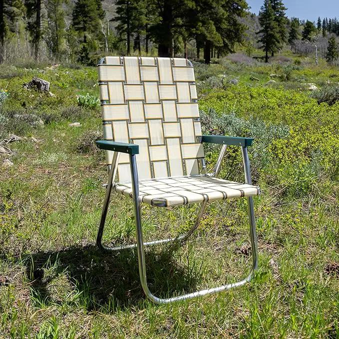 Lawn Chair USA Folding Aluminum Outdoor Patio Lawn Chair | Heavy-Duty Webbed Chairs for Camping, Sports, Beach, Yard & Tailgating | Lightweight Portable | Classic - Charleston Tan with Green Arms by GreenHaven Gardens