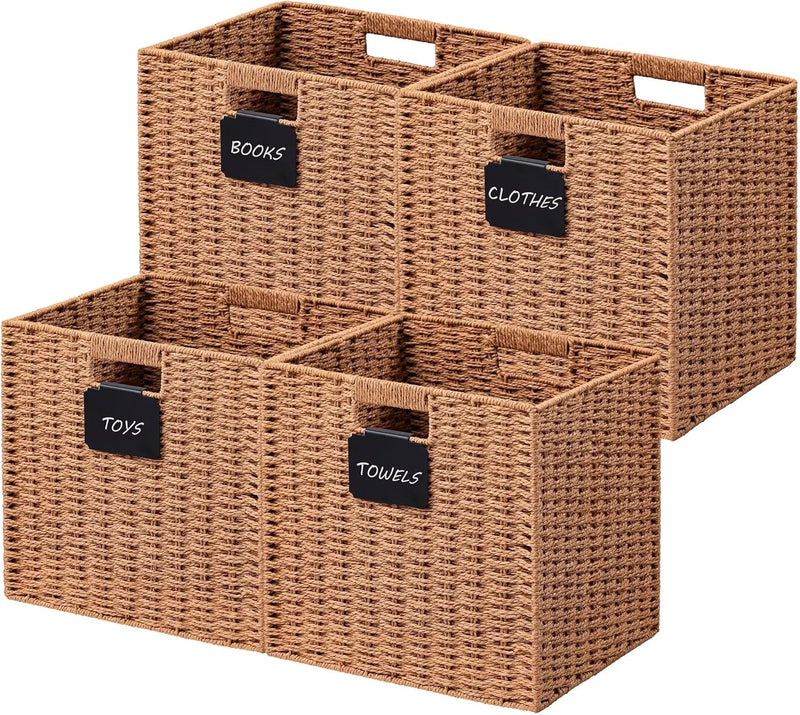 UBBCARE 4 Pack Wicker Basket, 12×12 Storage Cubes with Label, Foldable Cube Storage Bin with Handle, Square Storage Basket for Shelves, Woven Paper Rope Basket for Organizing, Caramel by GreenHaven Gardens