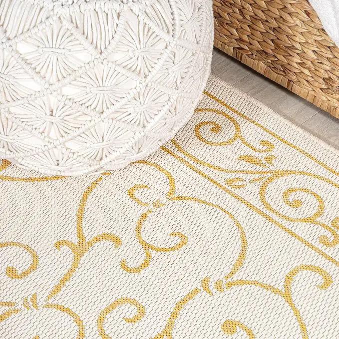 JONATHAN Y SMB106M-210 Charleston Vintage Filigree Textured Weave Indoor Outdoor Runner Rug, Classic,Traditional,Transitional Easy Clean,Bedroom,Kitchen,Backyard,Patio, Non-Shed, Cream/Yellow, 2 X 10 by GreenHaven Gardens
