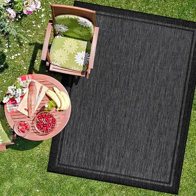 CAMILSON Indoor Outdoor Rug, 5x7 Bordered Dark Grey Black Modern Area Rugs for Indoor and Outdoor Patios, Kitchen and Hallway Mats, Washable Porch Deck Outside Carpet (Bordered Black, 5 x 7) by GreenHaven Gardens