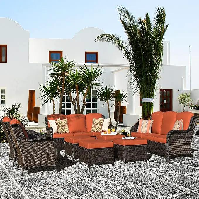 ovios 8 Pieces Patio Furniture Set, Outdoor Wicker Sofas with 2 Chairs, 4 Ottomans and Comfy Cushions, All Weather High Back Couch Set for Deck Porch, Brown Rattan, Orange Red by GreenHaven Gardens