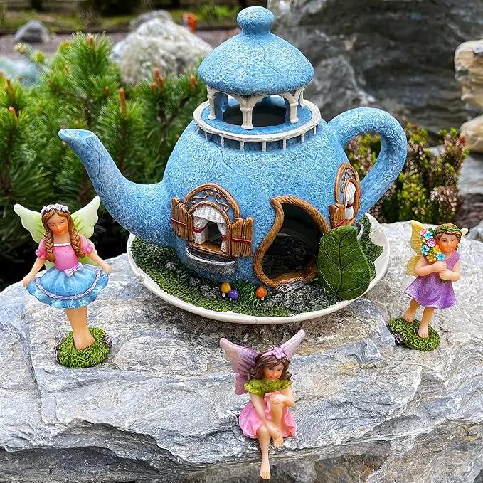 Mood Lab Fairy Garden Miniature Teapot House Kit - Figurines and Accessories Set of 4 pcs - 7.1 Inch Tall House by GreenHaven Gardens