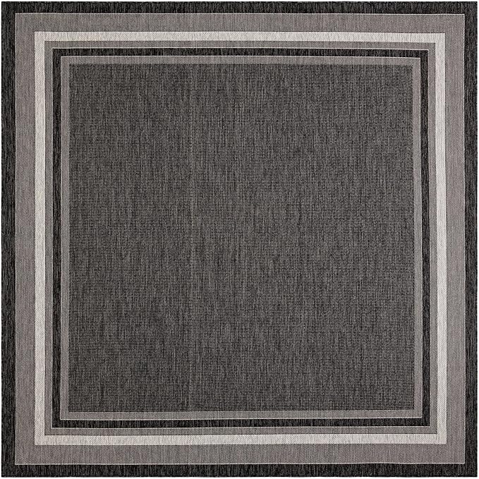Unique Loom Outdoor Border Collection Area Rug - Soft Border (10' Square Black/Ivory) by GreenHaven Gardens