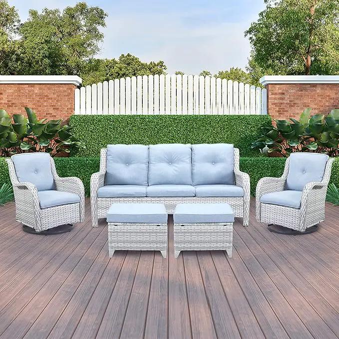 Outdoor Swivel Rcoker Patio Chairs - Outdoor Swivel Patio Chairs Set of 2 Wicker Chair Patio Furniture Sets with Covered Cushion for Porch Deck Balcony Garden, Baby Blue by GreenHaven Gardens