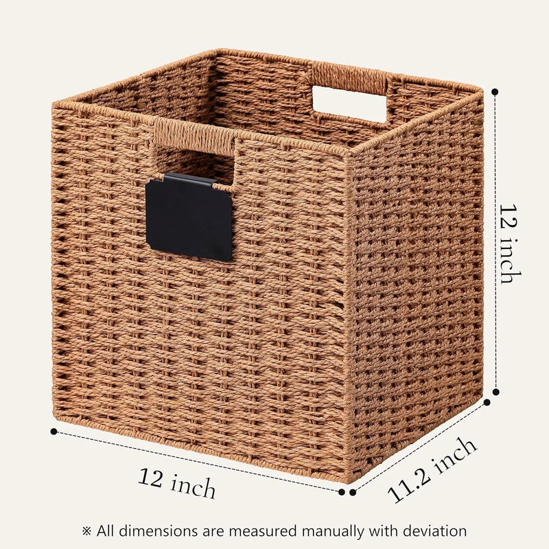 UBBCARE 2 Pack Wicker Basket, 12×12 Storage Cubes with Label, Foldable Cube Storage Bin with Handle, Square Storage Basket for Shelves, Woven Paper Rope Basket for Organizing, Caramel by GreenHaven Gardens