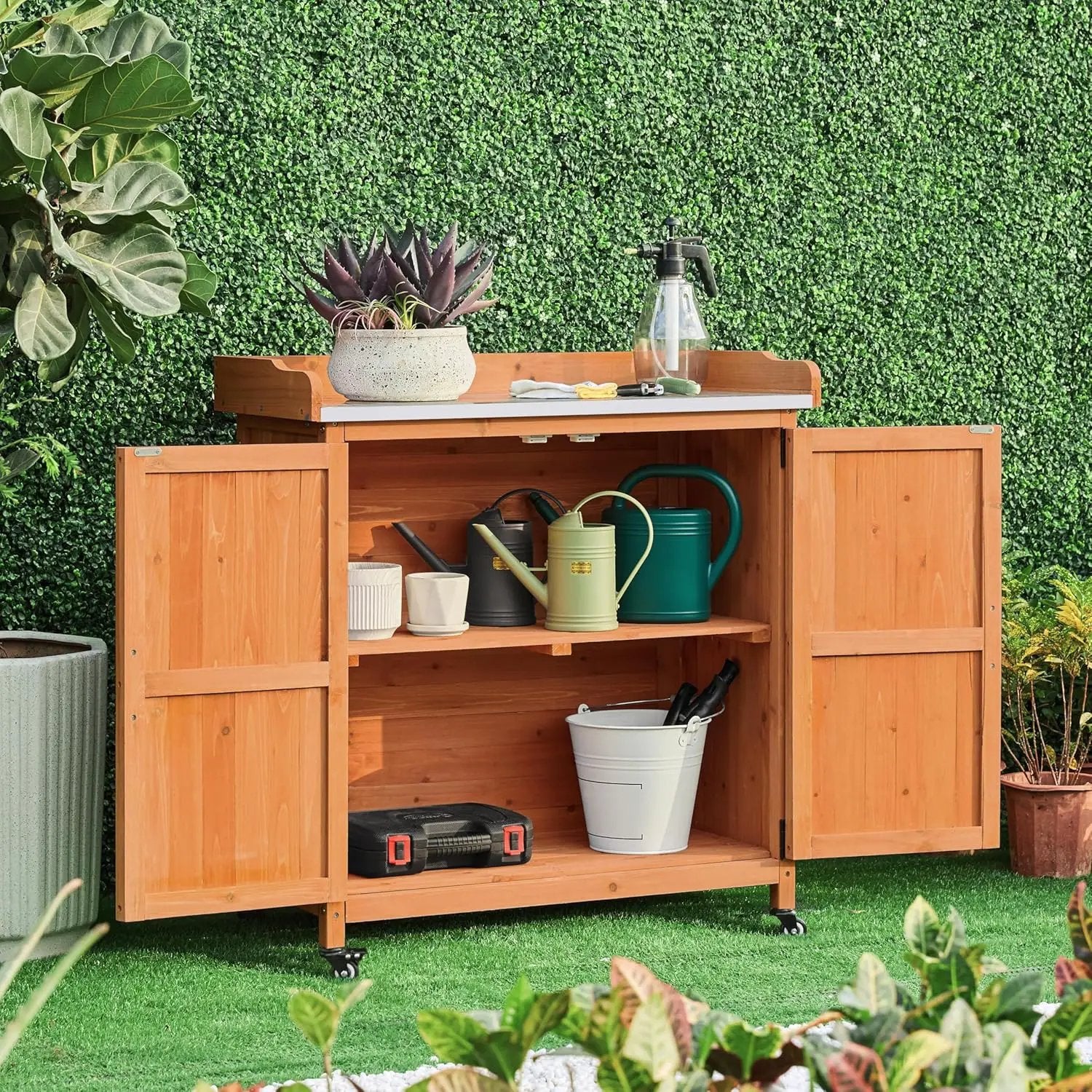 Yaheetech Garden Potting Bench Table - Outdoor Garden Patio Wooden Storage Cabinet & Solid Wood Planting Work Bench with Large Space Storage & Metal-Plated Tabletop, Brown by GreenHaven Gardens