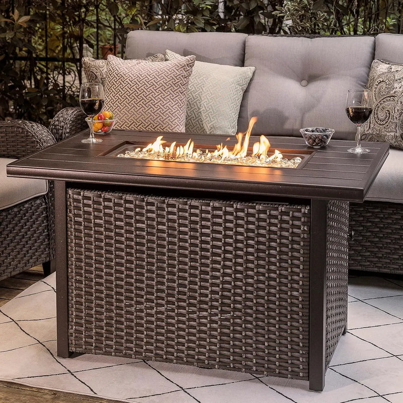 Nuu Garden Outdoor 43 Inch 50,000 BTU Propane Gas Fire Pit Table, Aluminum Tabletop and PE Rattan Weaved Steel Frame, Water-Proof Oxford Cover, Glass Beads, Lid, Dark Brown by GreenHaven Gardens